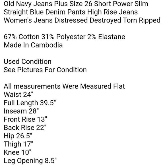 Old Navy Jeans Plus Size 26 Short Power Slim Straight Blue Denim Pants High Rise - Picture 7 of 7